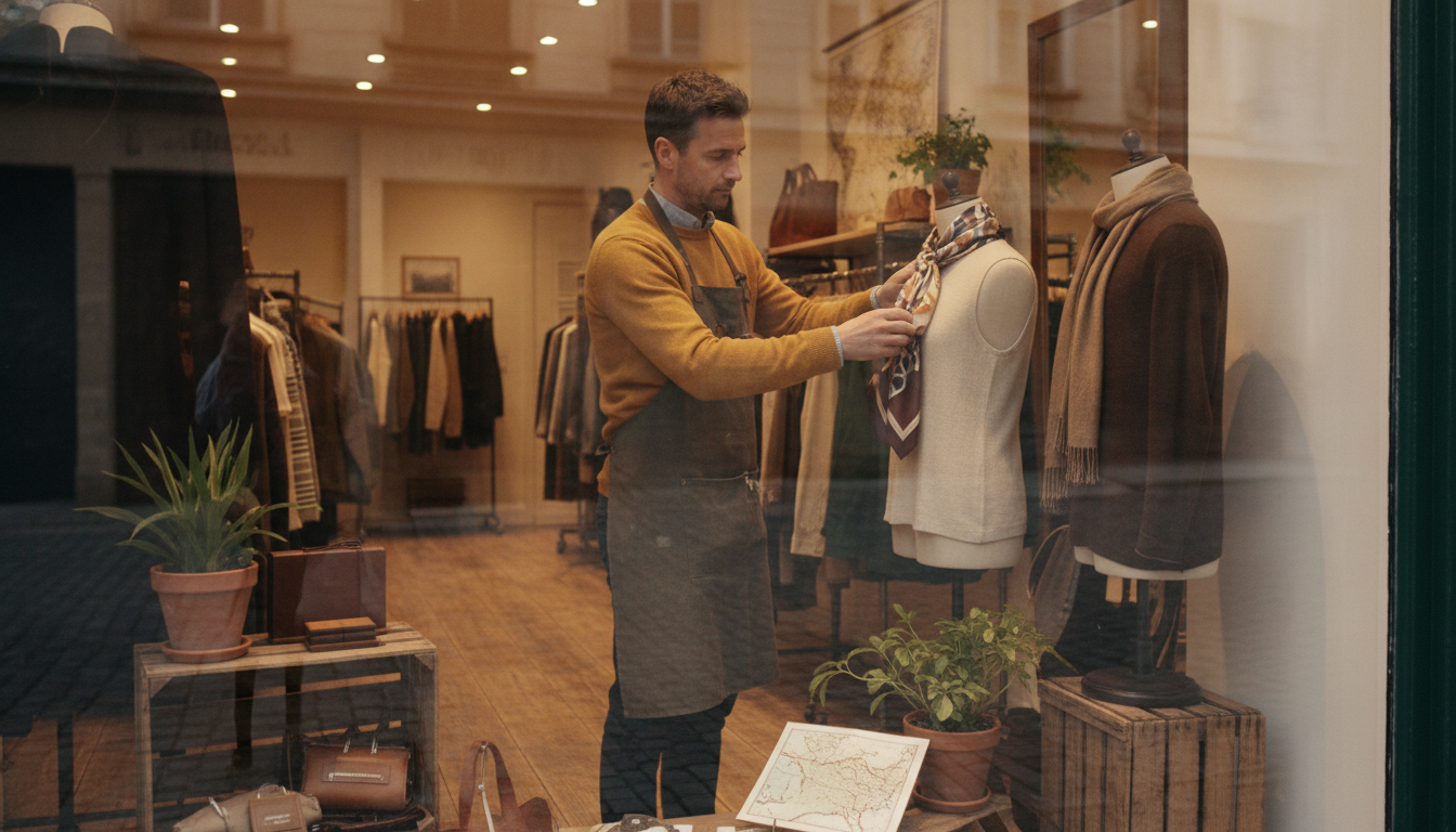 Independent clothing boutique owner arranging a window display in a European high street shop
