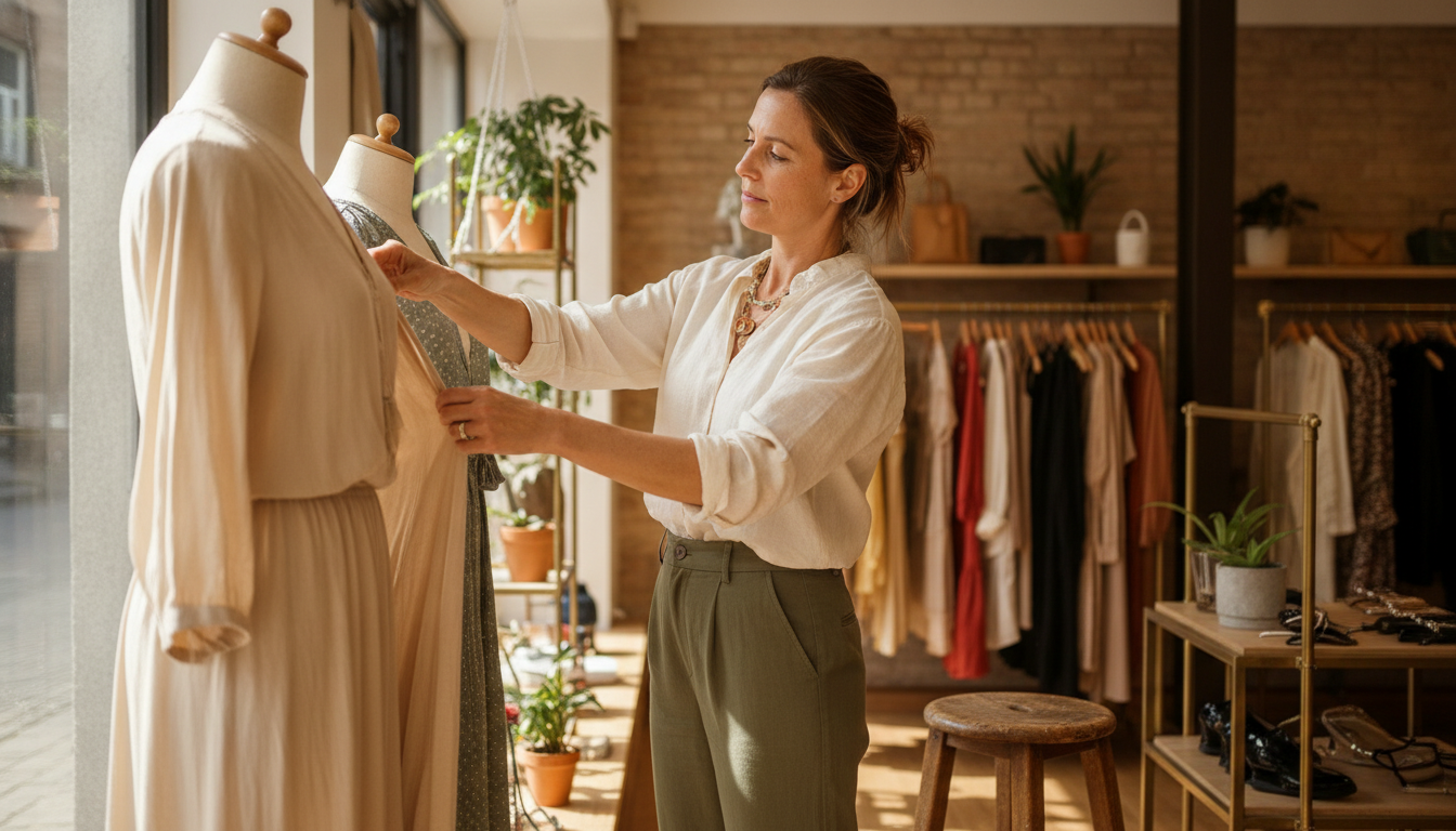 Boutique clothing store owner arranging her shop window display with confidence and focus