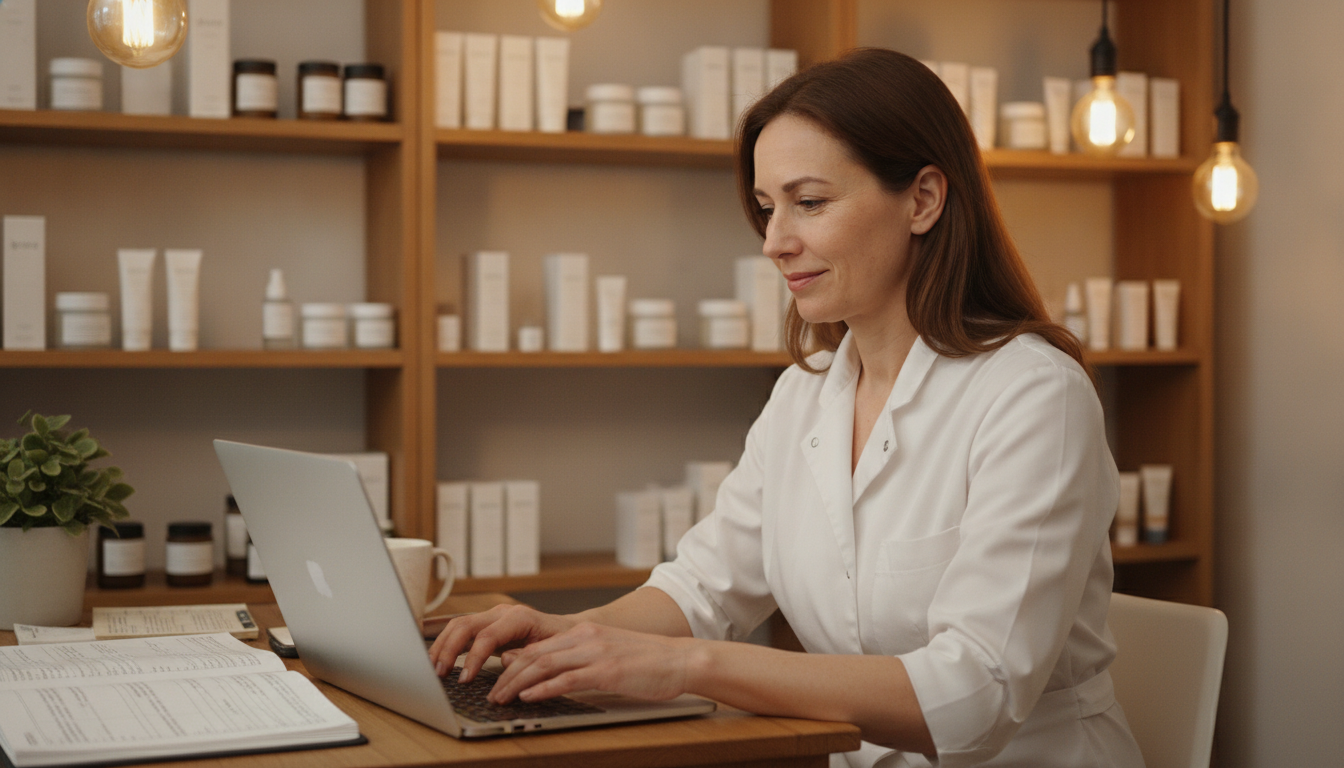 A skincare clinic owner composing a thoughtful response to a customer review at her desk