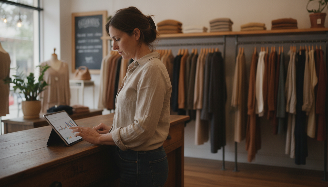 Boutique clothing store owner reviewing social media performance on a tablet behind her shop counter