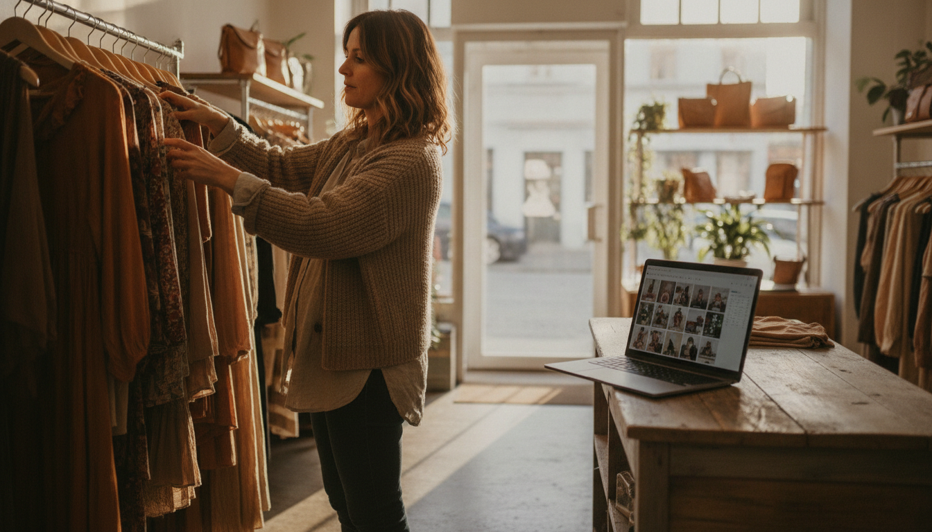 Boutique owner planning weekly Instagram content during a quiet moment in her shop