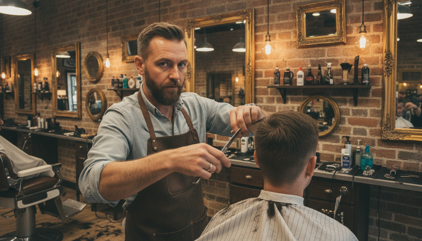 A barbershop owner mid-haircut, focused on his craft in a classic British barbershop