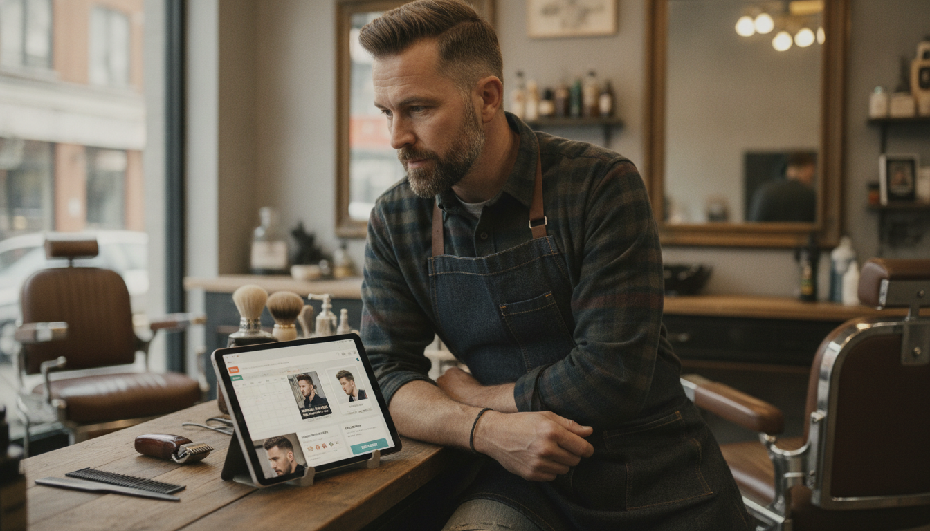Barbershop owner reviewing an AI-generated marketing campaign on a tablet between client appointments