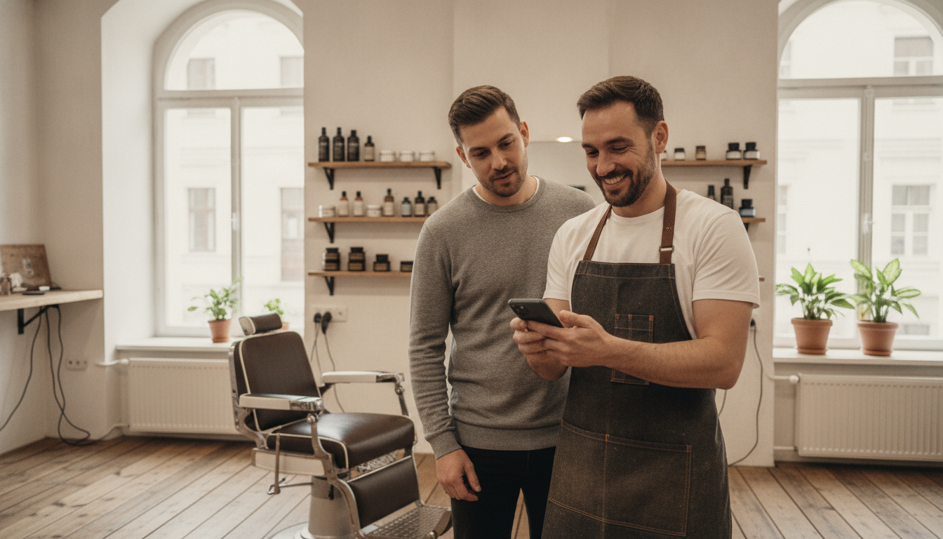 A barbershop owner reviewing his social media engagement on his phone inside his shop