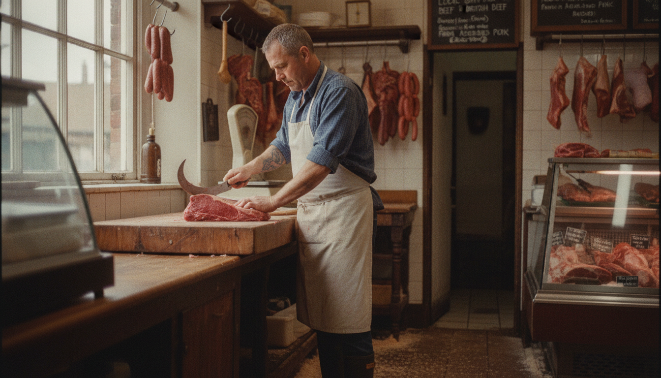 A butcher at work behind the counter of his local butcher shop, preparing cuts of meat