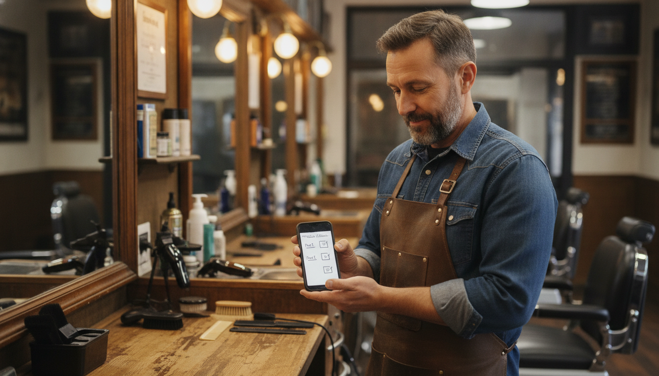 Barbershop owner reviewing a three-post weekly content plan on his phone at the front desk
