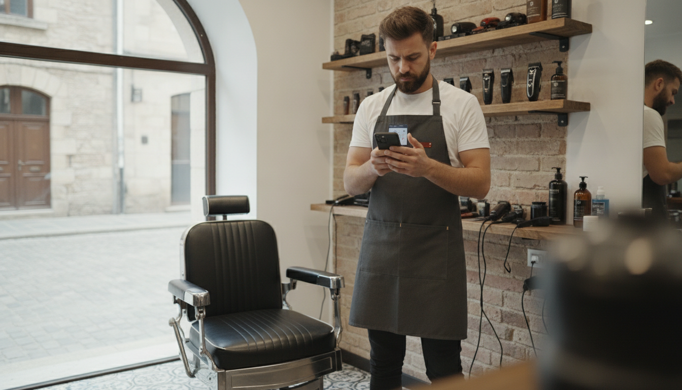 Barbershop owner reviewing social media performance on his phone between appointments