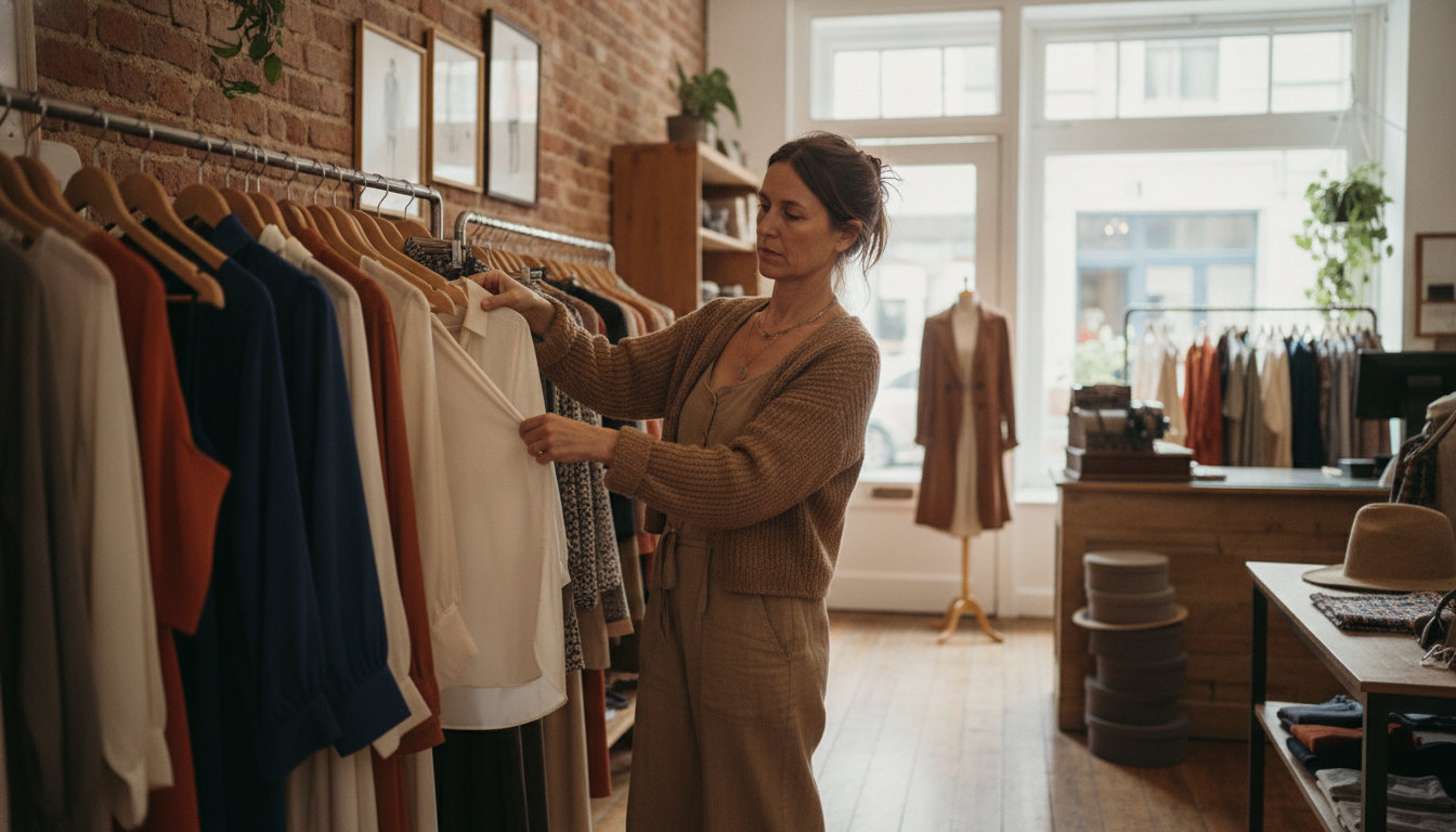 Boutique clothing store owner arranging new stock in her shop
