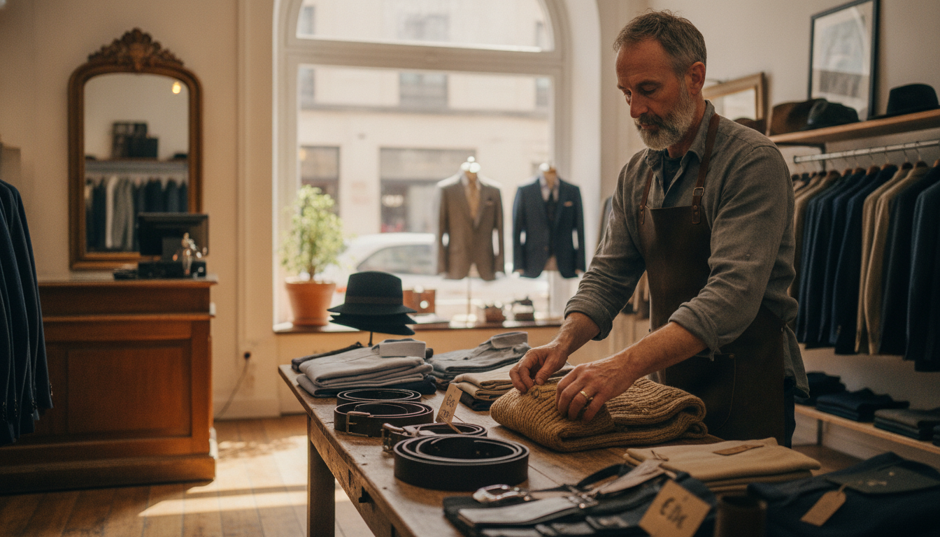 A boutique clothing store owner rearranging a curated product display during a quiet weekday morning