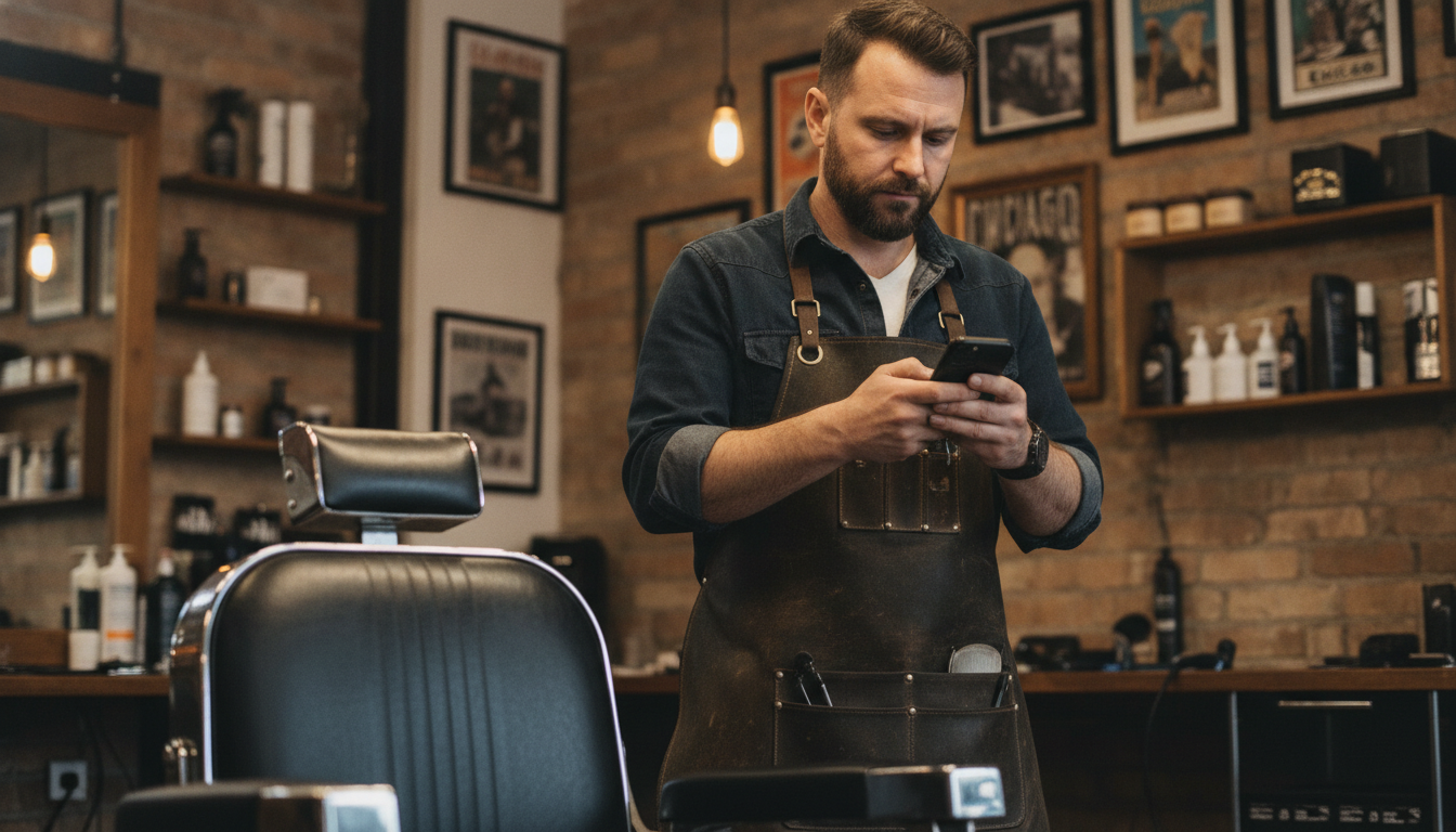 Independent barbershop owner reviewing customer visit data on his phone between appointments