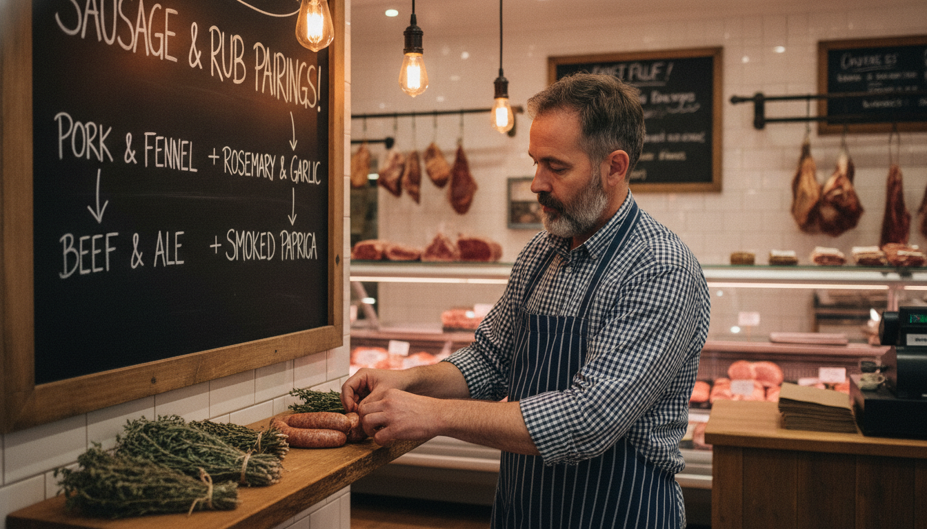 Butcher shop owner creating a product pairing display at the counter