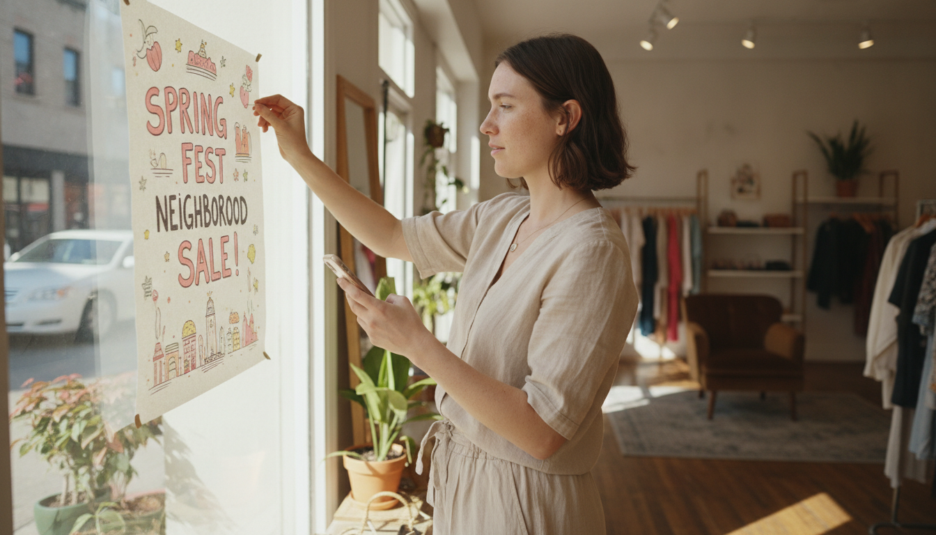 Boutique clothing store owner creating a hyper-local neighbourhood promotion in her shop window