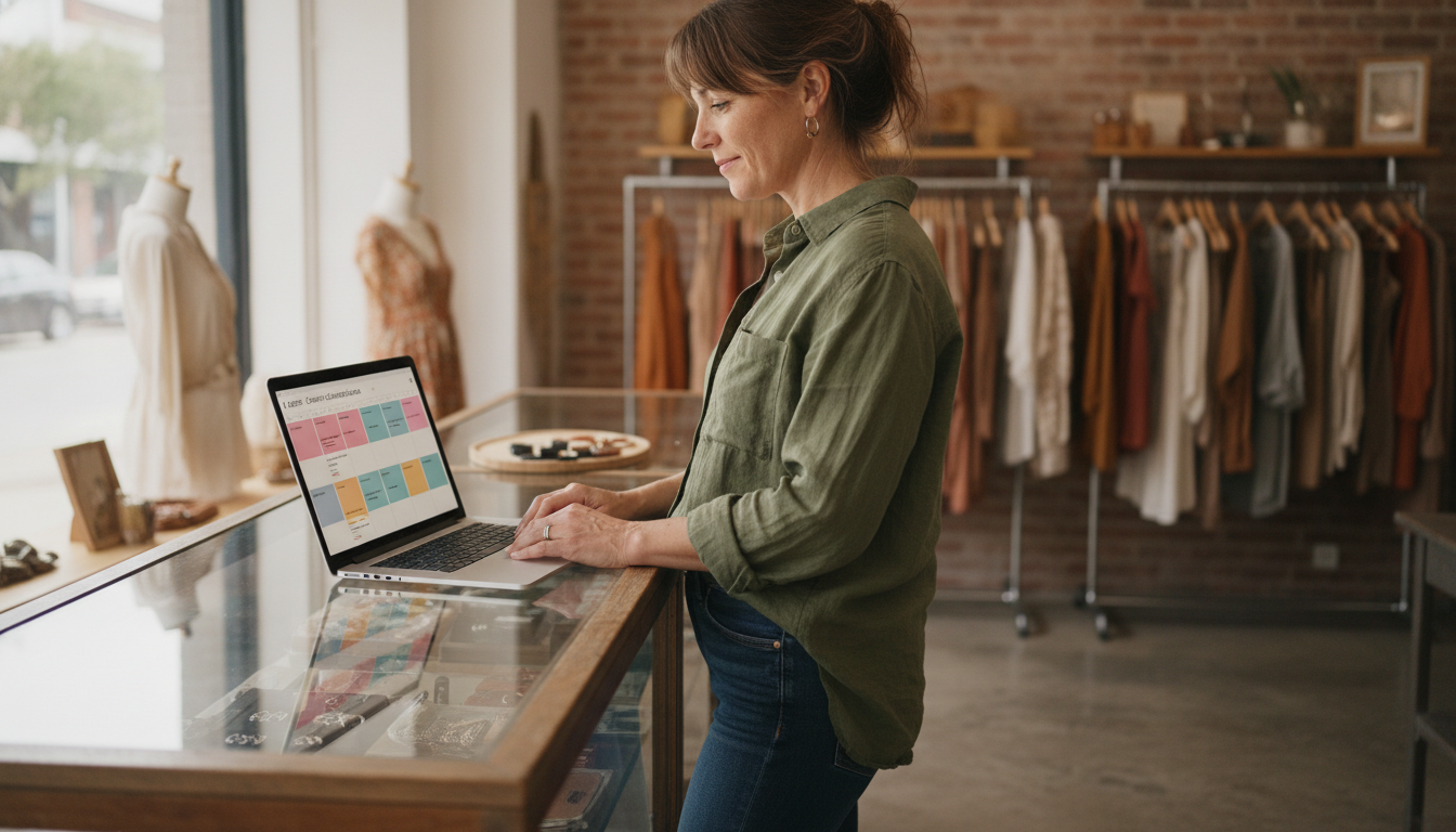 Boutique clothing store owner reviewing her pre-scheduled seasonal campaign calendar three weeks before launch