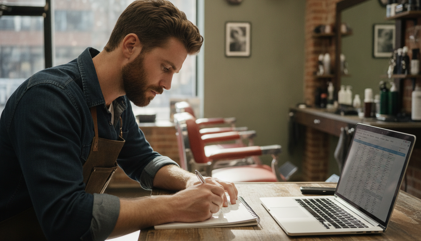 Barbershop owner reviewing slow-hour customer data on a laptop during a quiet morning