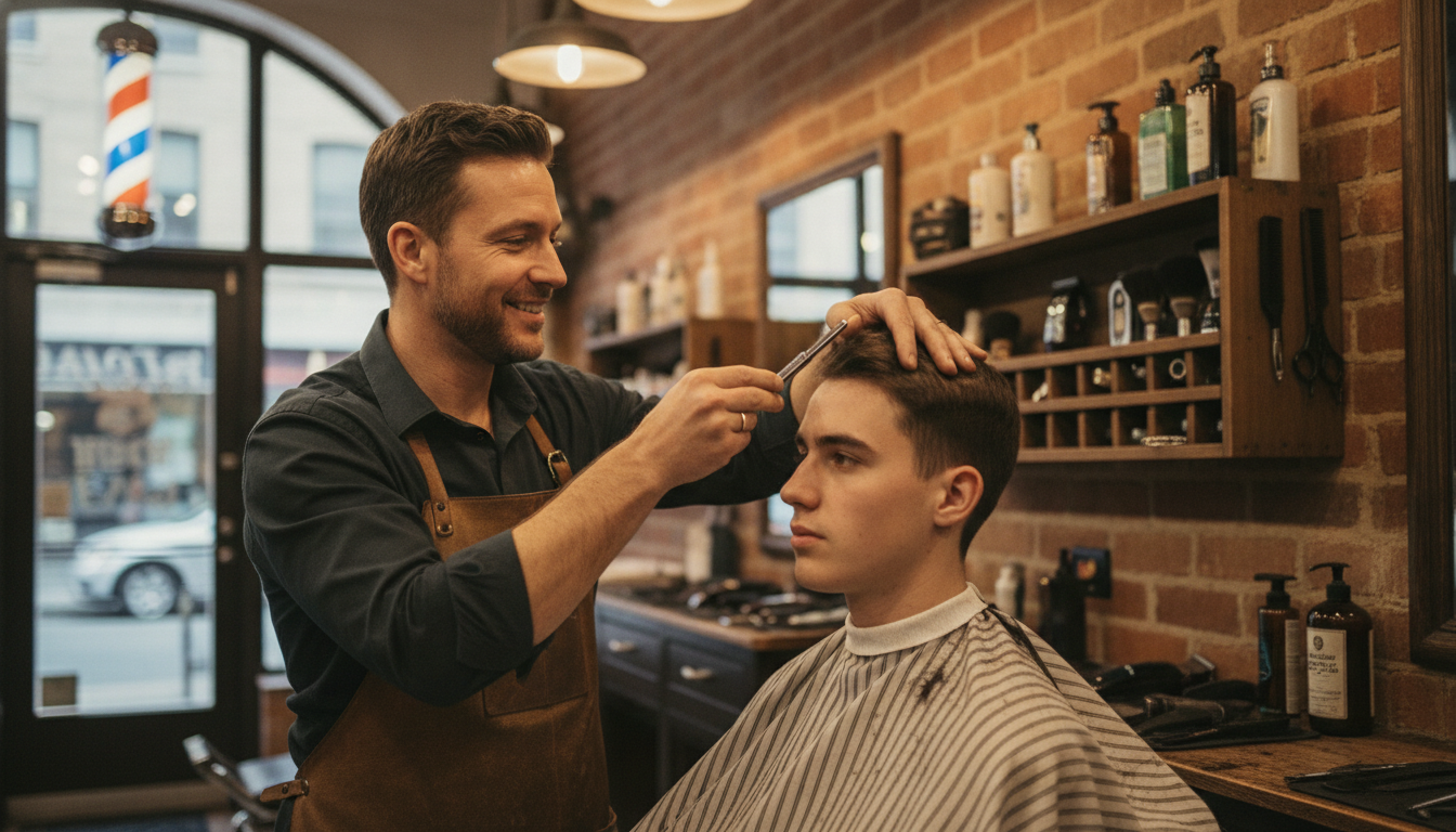 A barber working on a client in a classic neighbourhood barbershop, tools and decor visible in the background