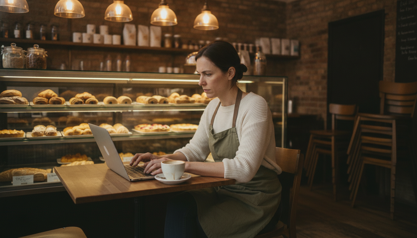 A cafe owner building her weekly content schedule with an AI tool before the morning rush