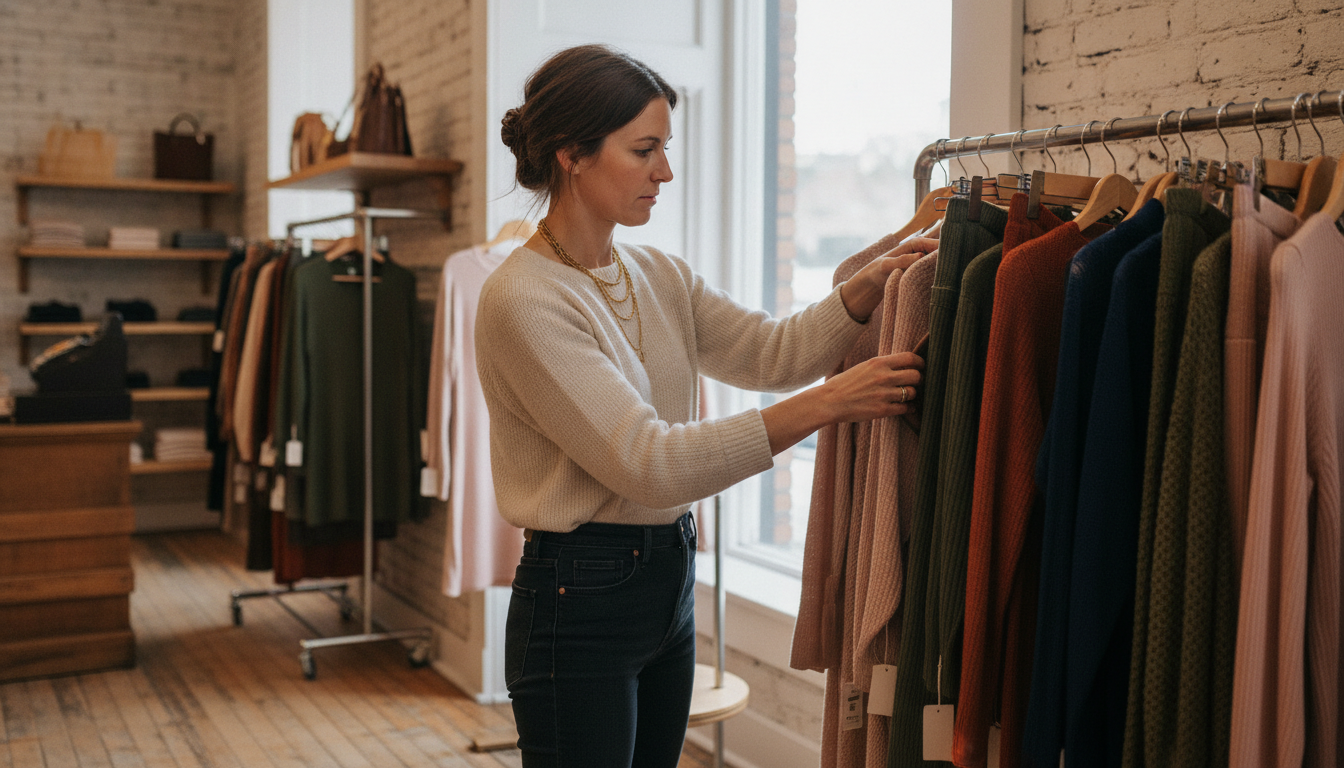Independent boutique owner curating a new clothing display in her shop