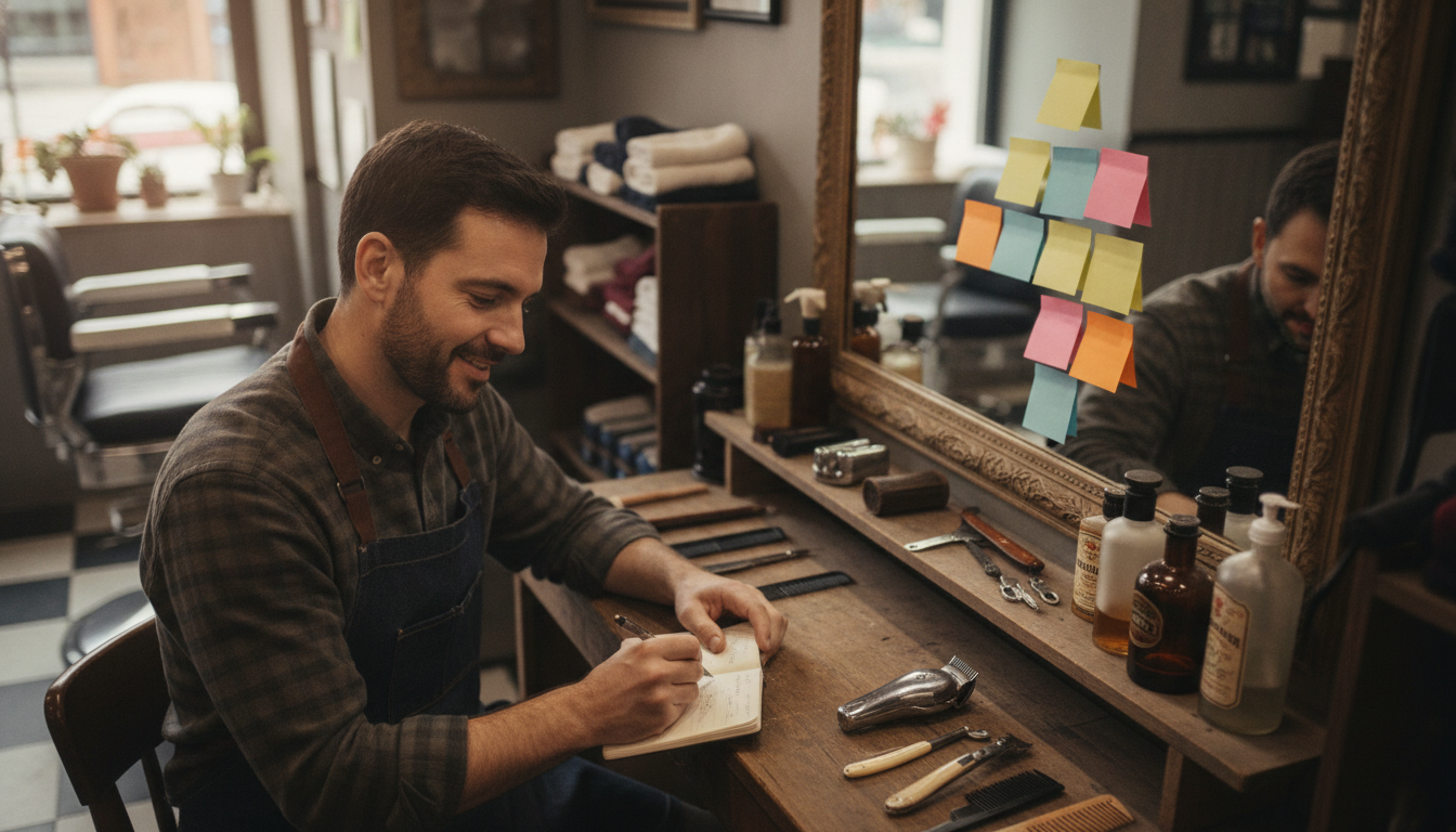 Barbershop owner organizing his content planning notes at his workstation
