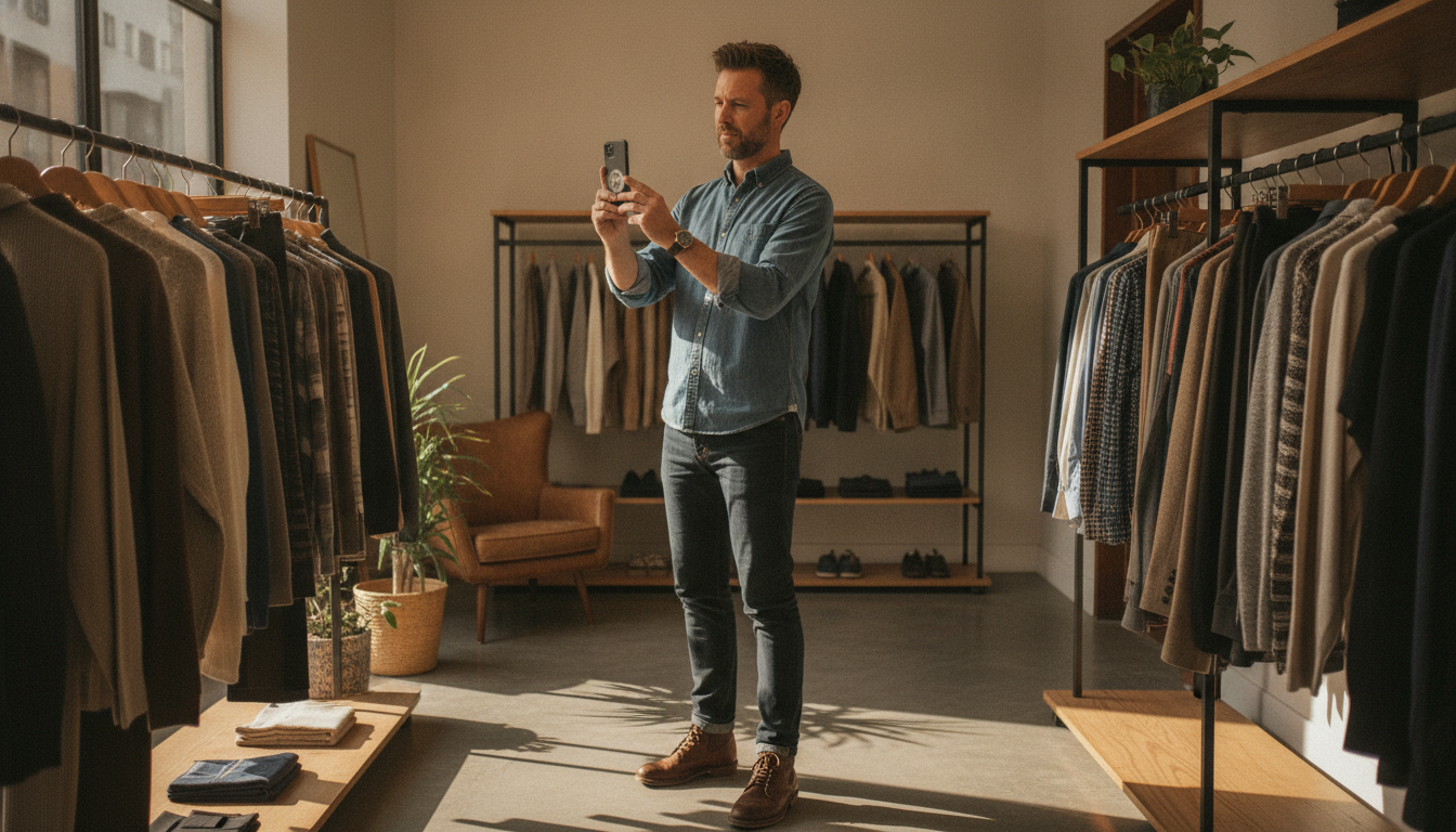 A boutique clothing store owner photographing new stock for a social media post in his shop