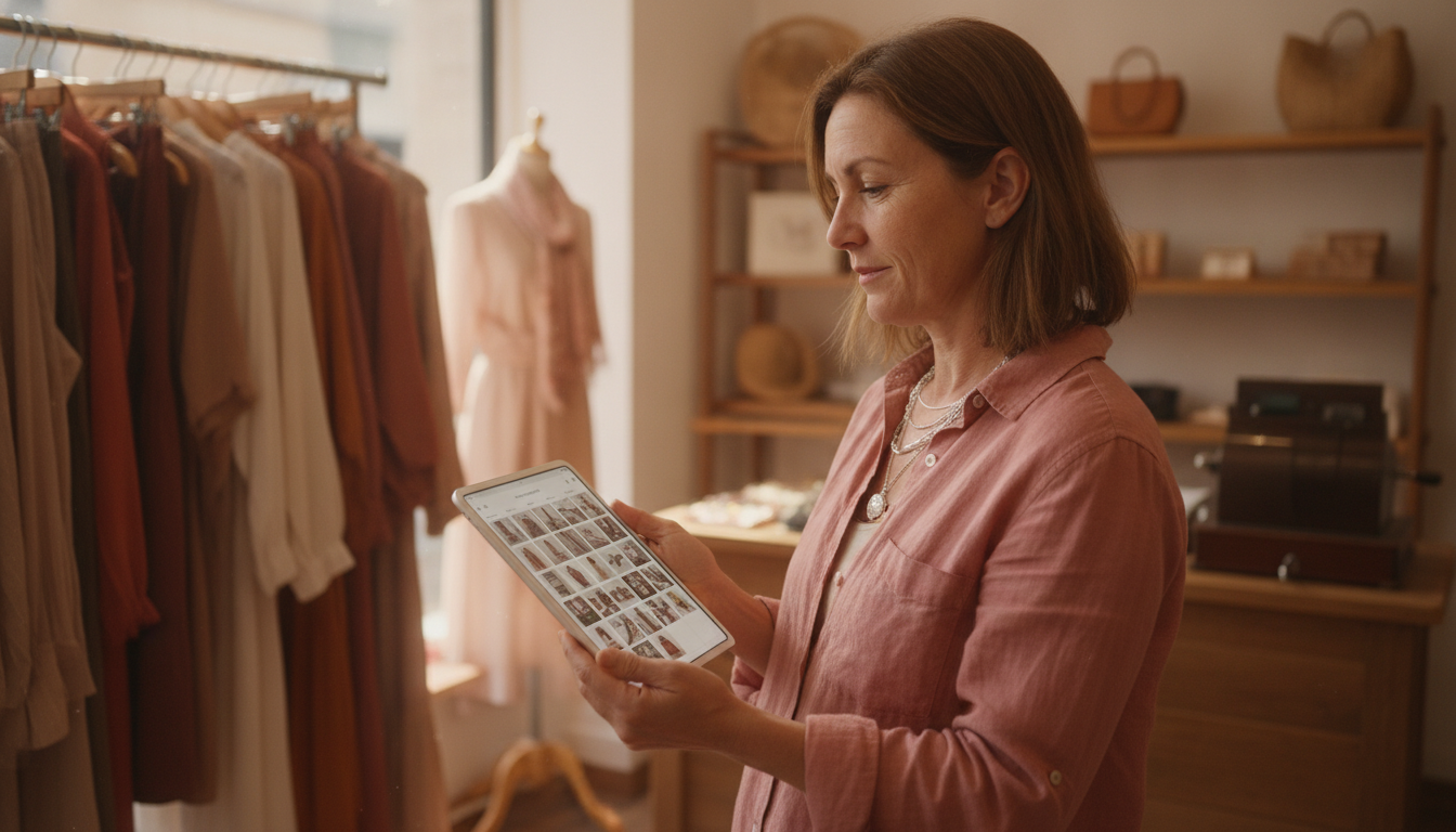 A boutique clothing store owner reviewing her organised weekly content calendar on a tablet