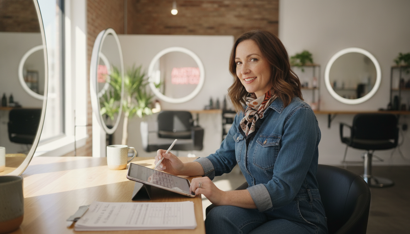 A salon owner reviewing client visit records at her front desk