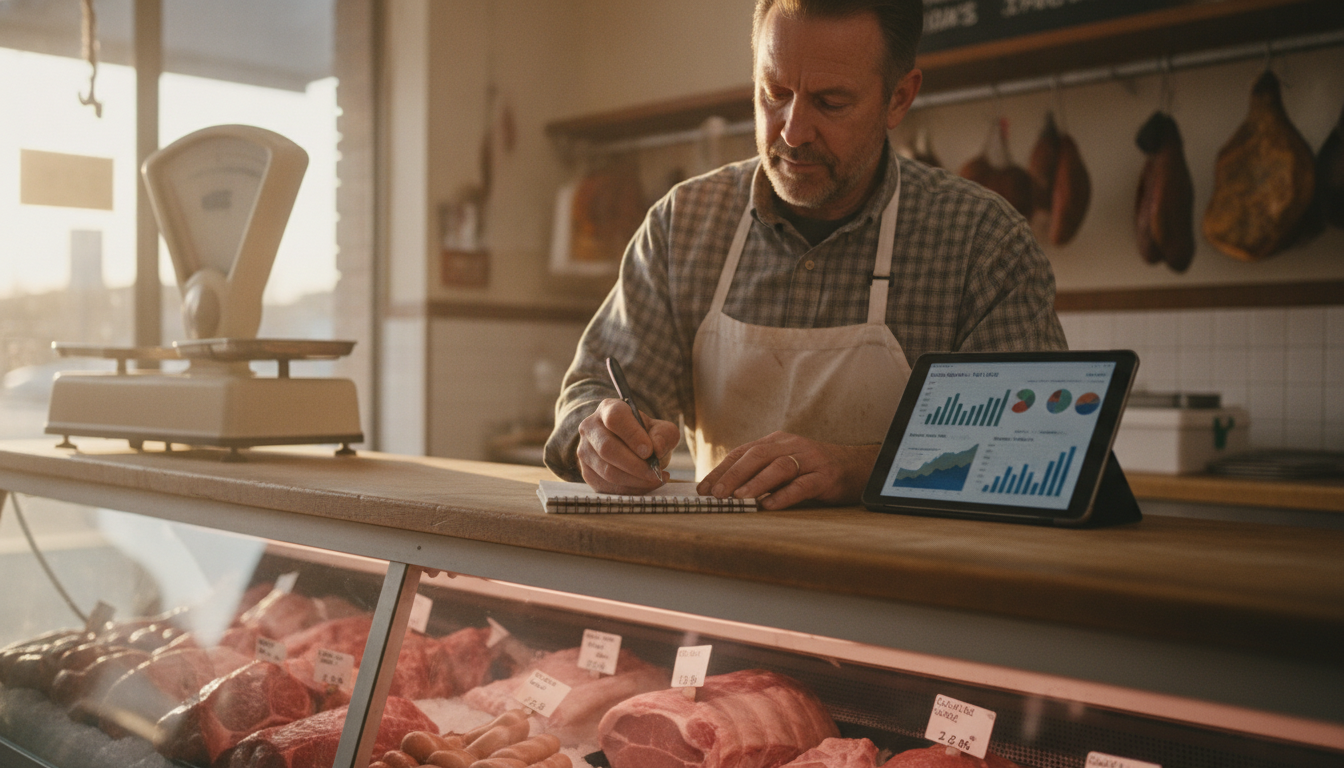 Independent butcher shop owner reviewing customer sales data and marketing analytics on a tablet behind the counter