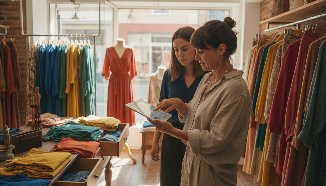 Boutique clothing store owner reviewing sales data on a tablet with a colleague inside her shop
