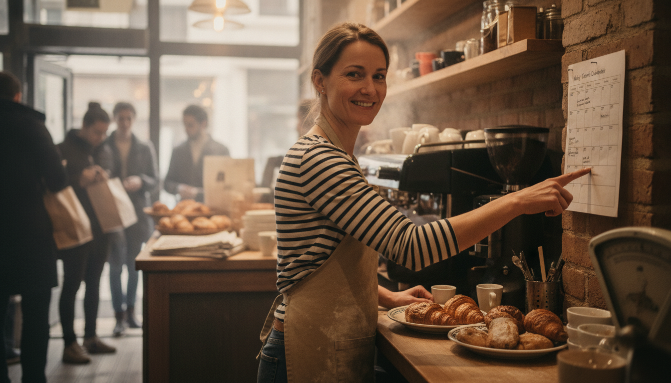 Cafe owner reviewing her content calendar pinned behind the counter