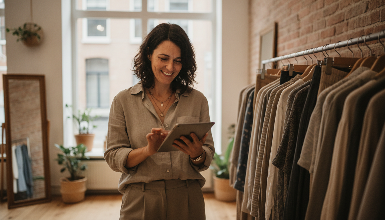 A boutique clothing store owner reviewing AI-generated marketing content on a tablet in her shop