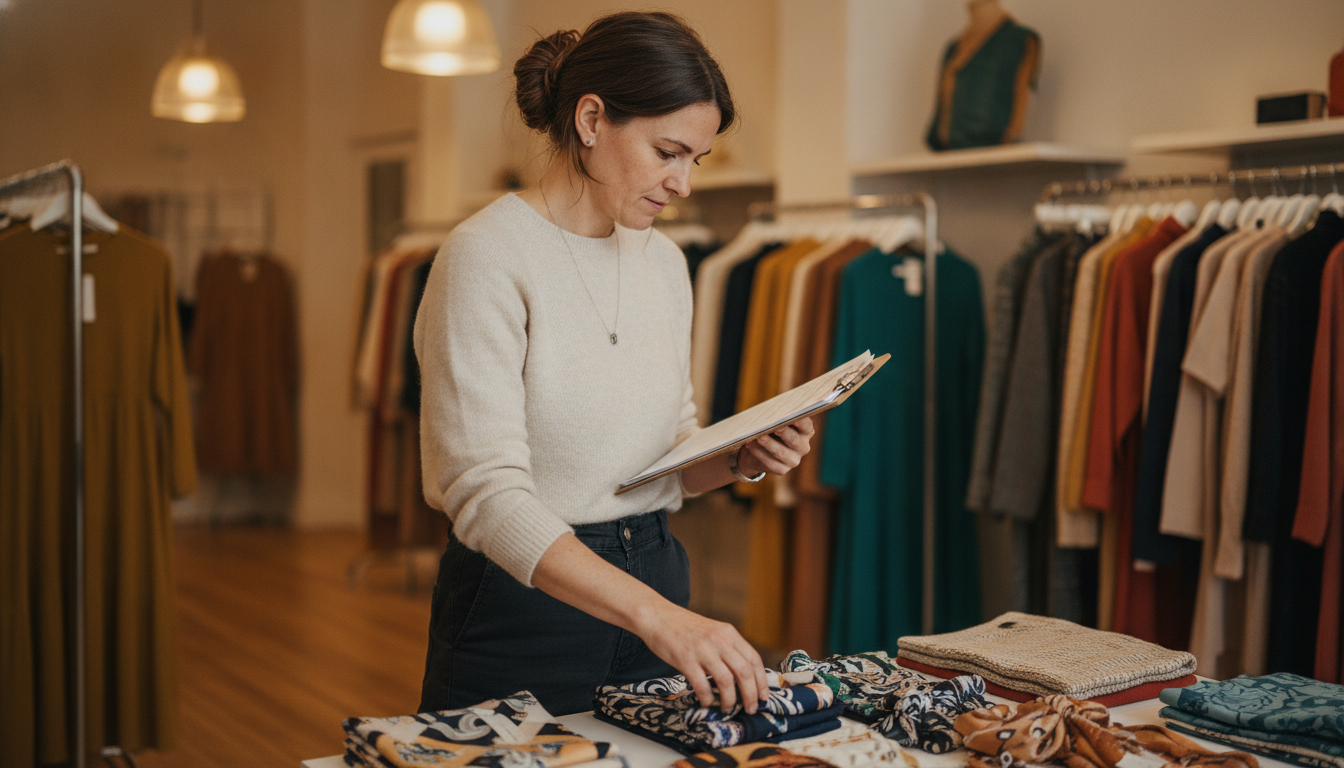 A boutique clothing store owner working on the shop floor during a quiet mid-week period