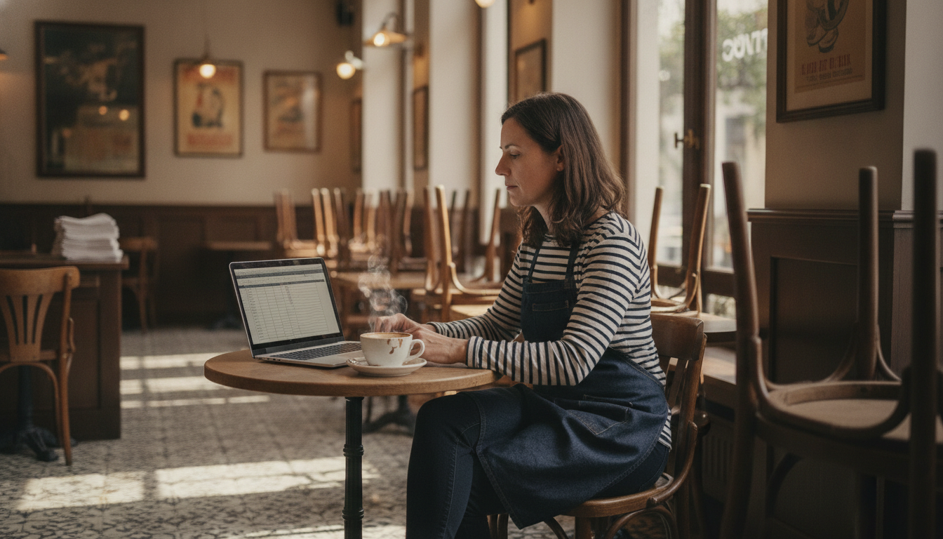 Restaurant owner reviewing customer visit data on her laptop before morning service