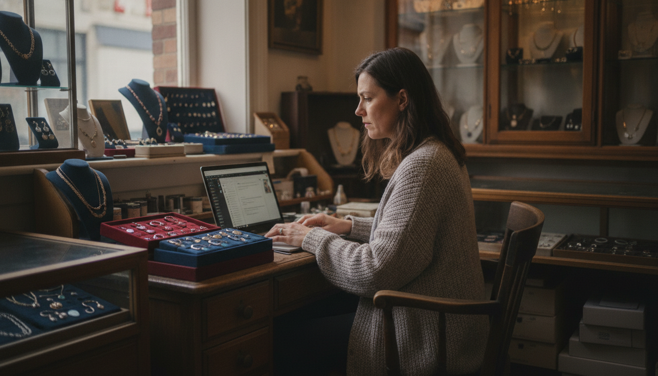 Independent jewellery shop owner reviewing customer follow-up strategy at her desk