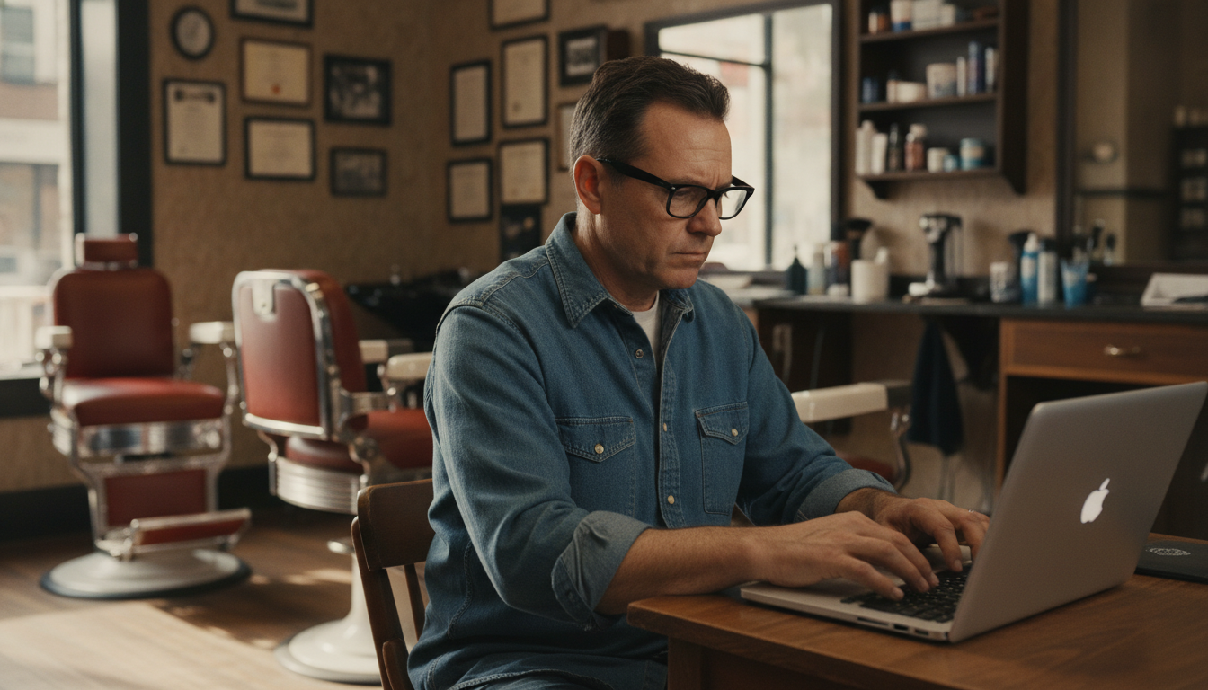 A barbershop owner completing a brand brief on his laptop between client appointments