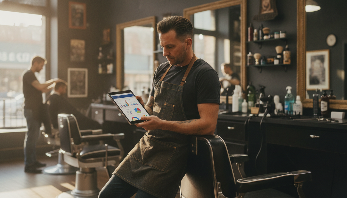 A barbershop owner reviewing social media performance data on a tablet in his shop