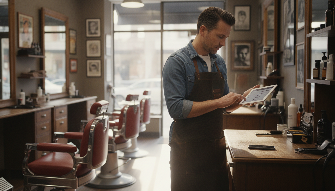 Barbershop owner reviewing appointment and transaction data on a tablet during a slow morning