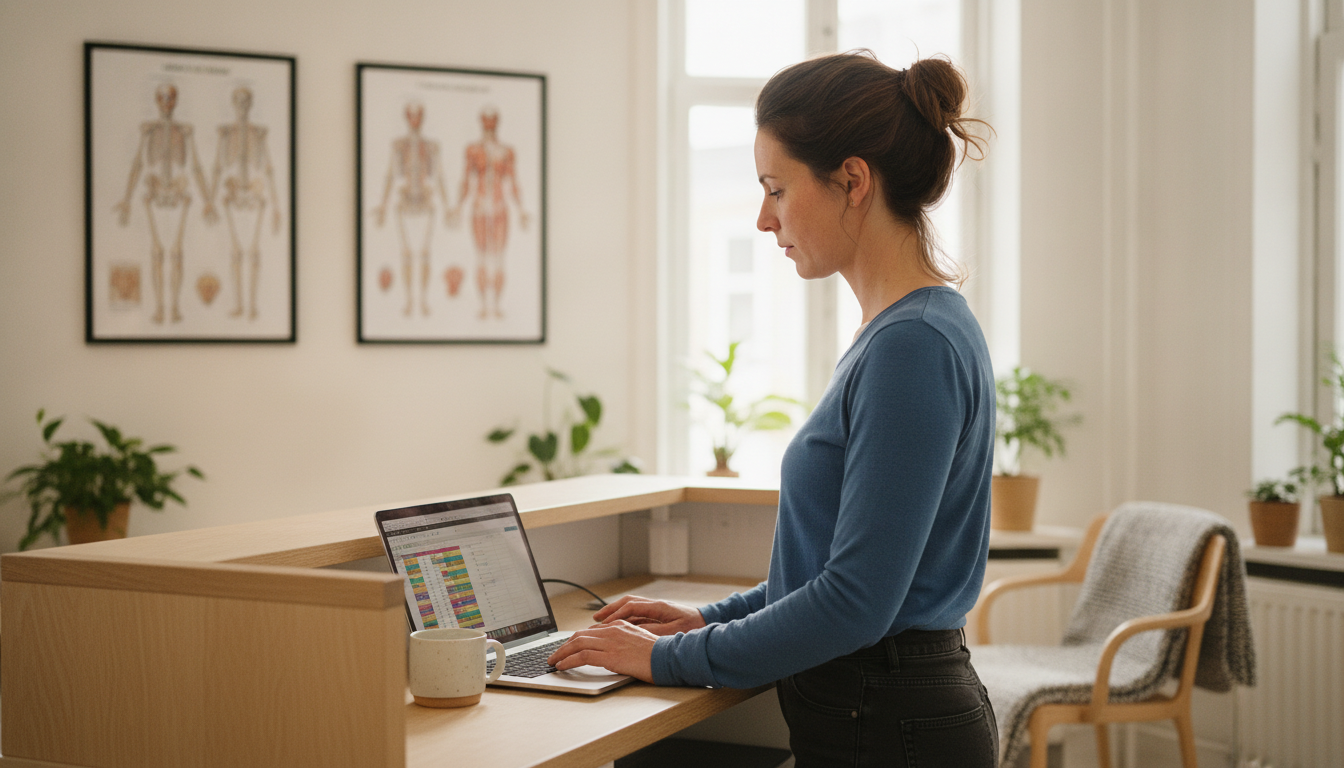 Physiotherapy clinic owner reviewing appointment bookings and follow-up data on her clinic laptop