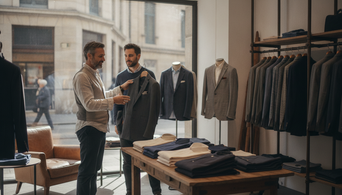 A boutique menswear owner giving unhurried attention to a customer during a quiet morning window