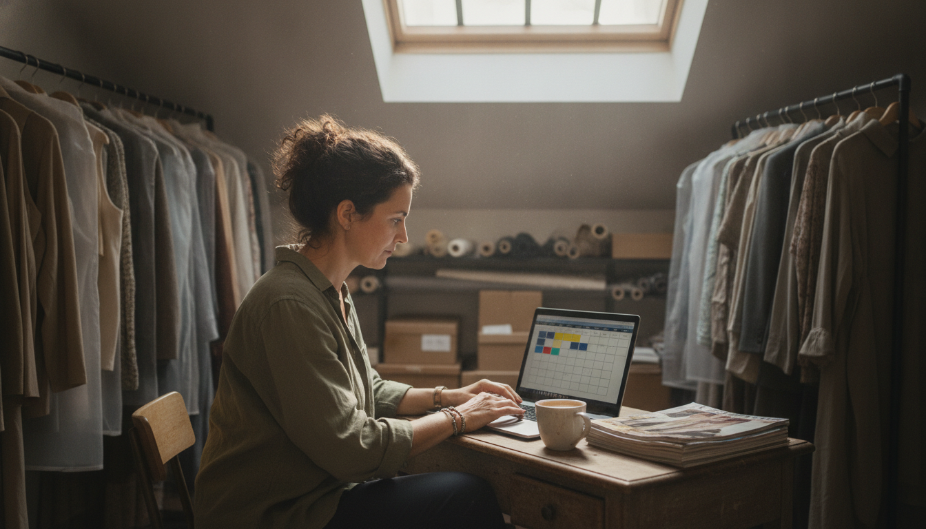 Boutique clothing store owner planning her weekly marketing content at her desk in the back of her shop