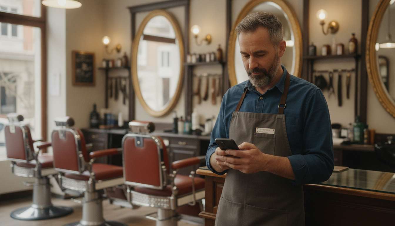 A barbershop owner reviewing customer follow-up messages on his phone between appointments