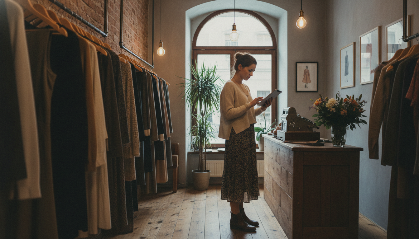 A boutique clothing store owner responding to a Google review on her tablet inside her shop