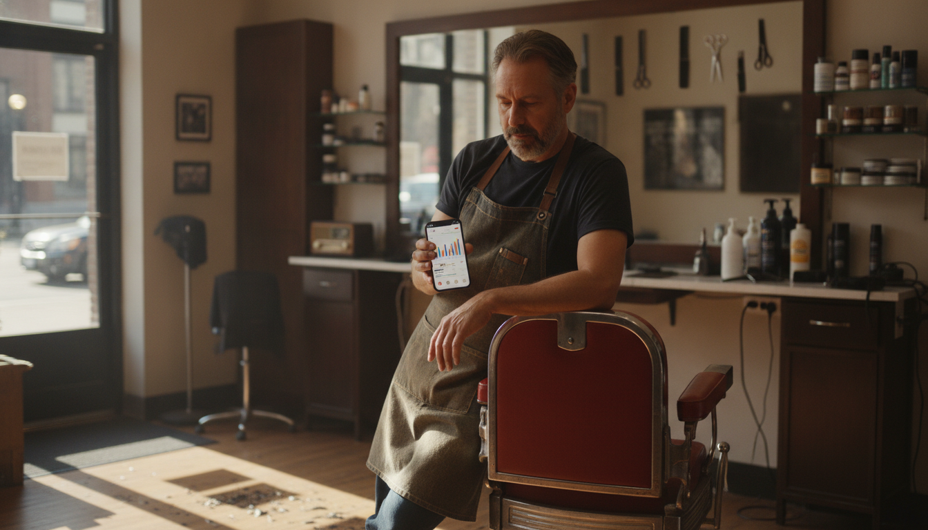 Brooklyn barbershop owner reviewing his Google and Meta ad performance on his phone during a quiet afternoon