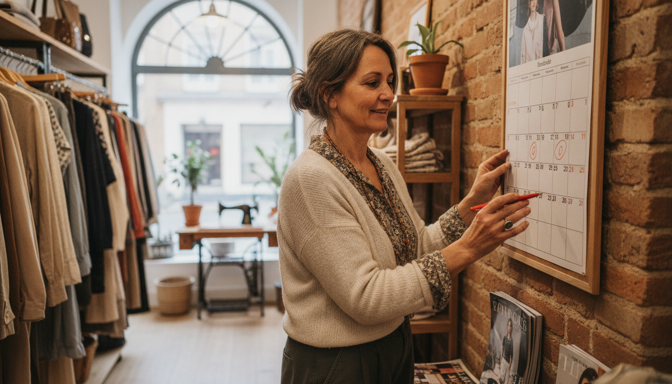 Boutique owner reviewing her seasonal marketing calendar in her clothing store