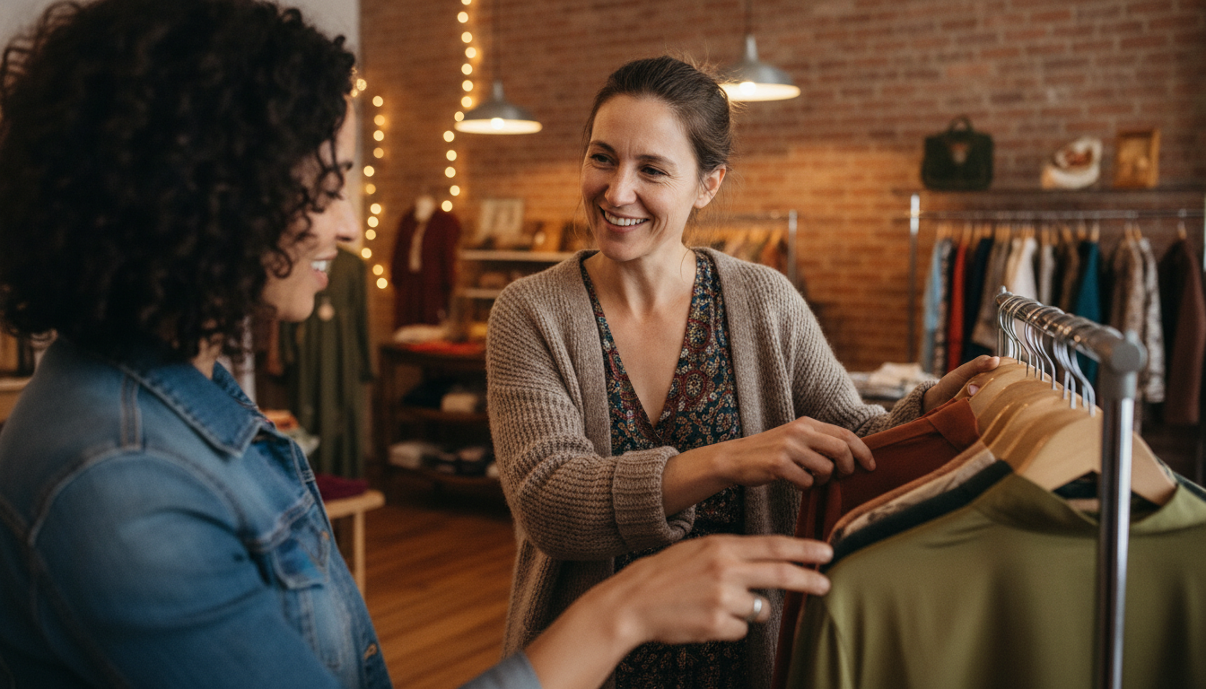 Boutique owner serving a returning regular customer in her clothing store