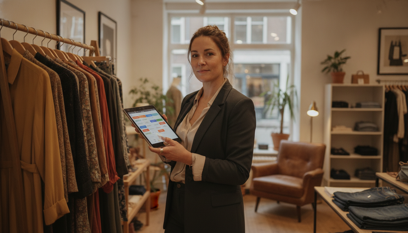 Boutique retail owner using an automated marketing dashboard in her shop