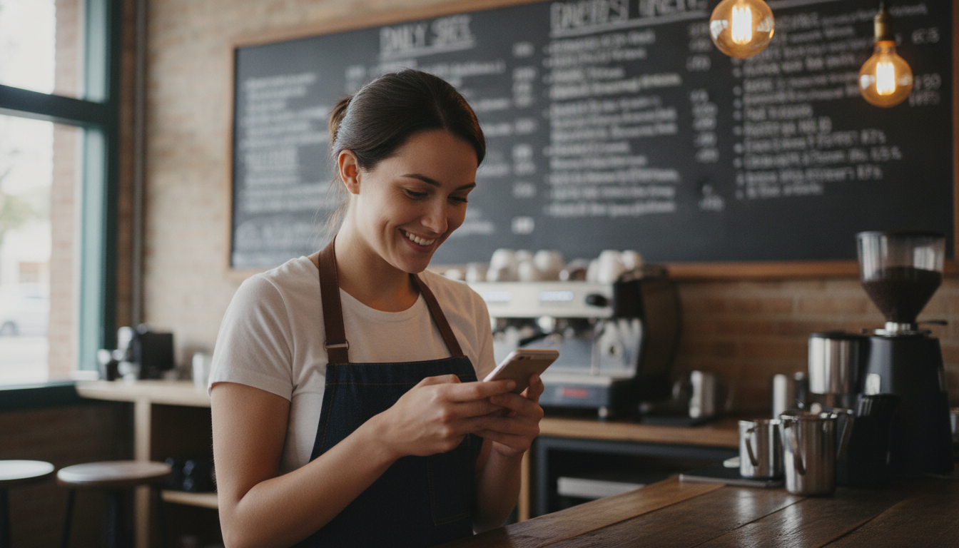 A cafe owner reviewing content on her phone behind the espresso bar