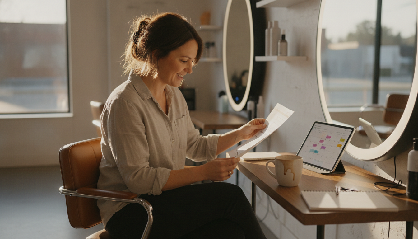 A hair salon owner planning her seasonal marketing calendar in advance at her salon desk
