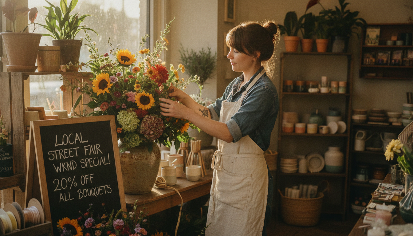 A boutique florist preparing a seasonal display tied to a local street fair weekend