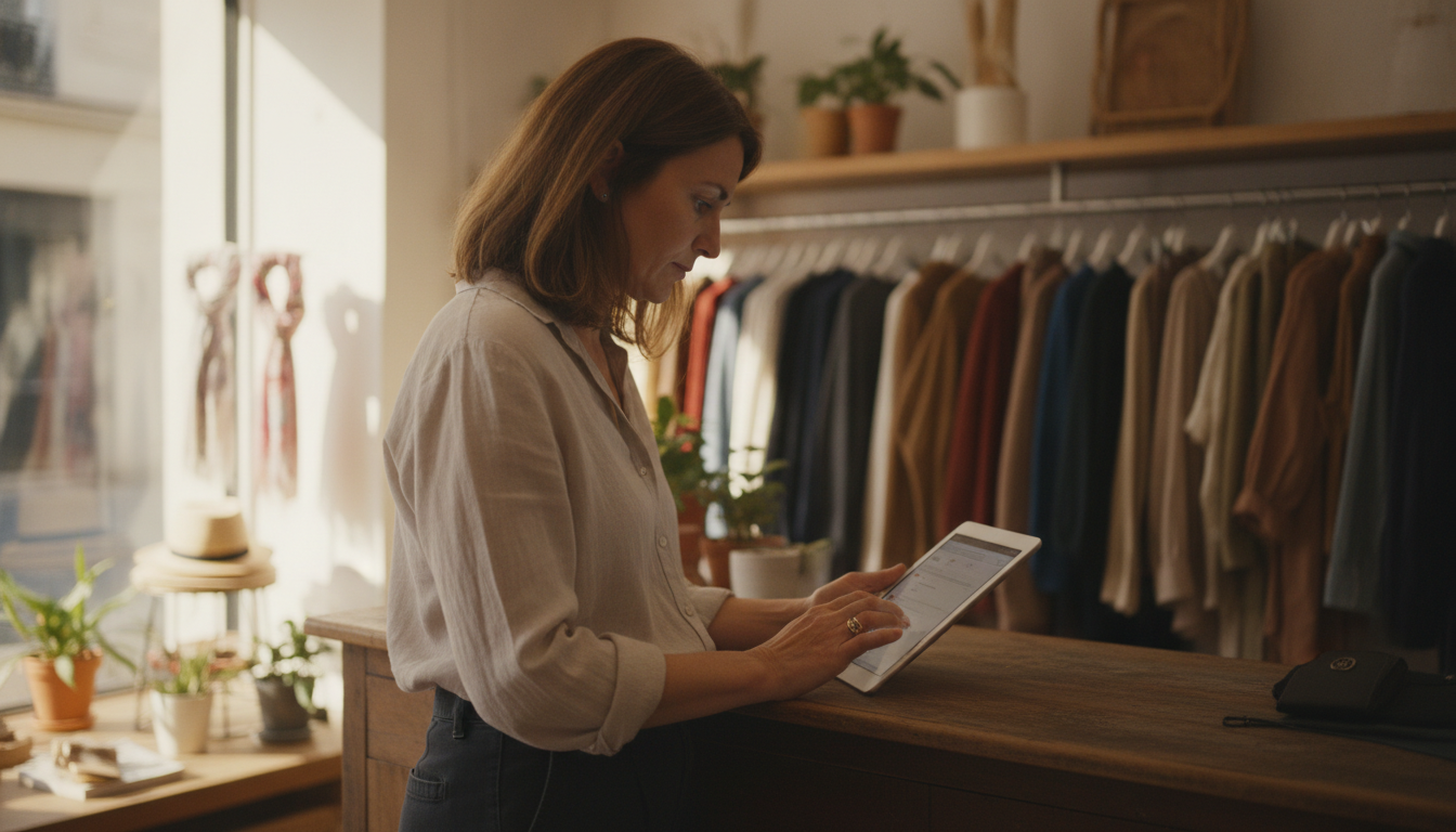 Boutique clothing store owner reviewing customer purchase data on tablet