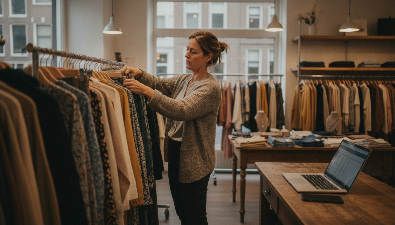A boutique clothing store owner in Amsterdam arranging new stock while keeping her content workflow running alongside her daily tasks