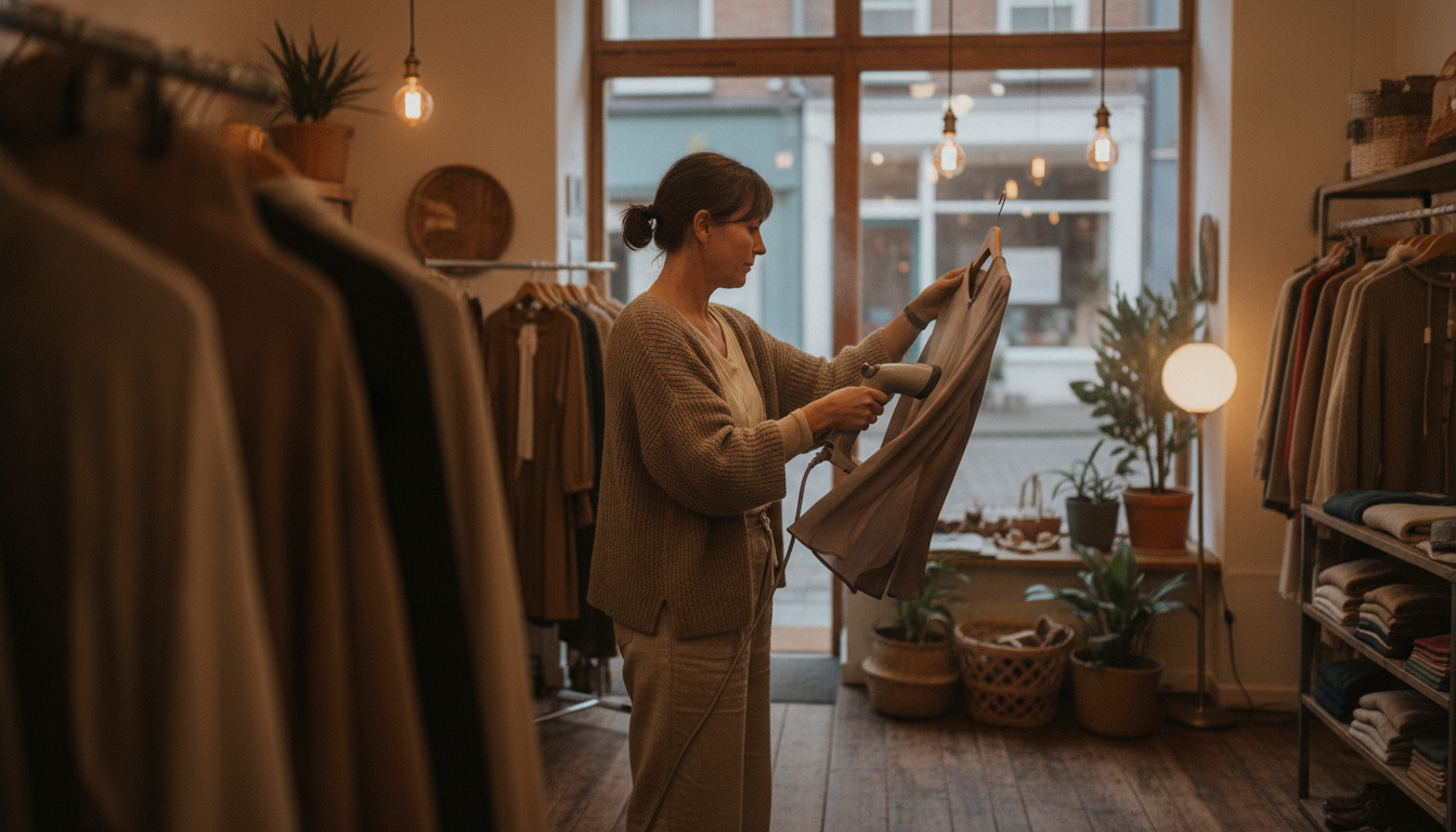 A boutique owner steaming new stock in her independent clothing shop